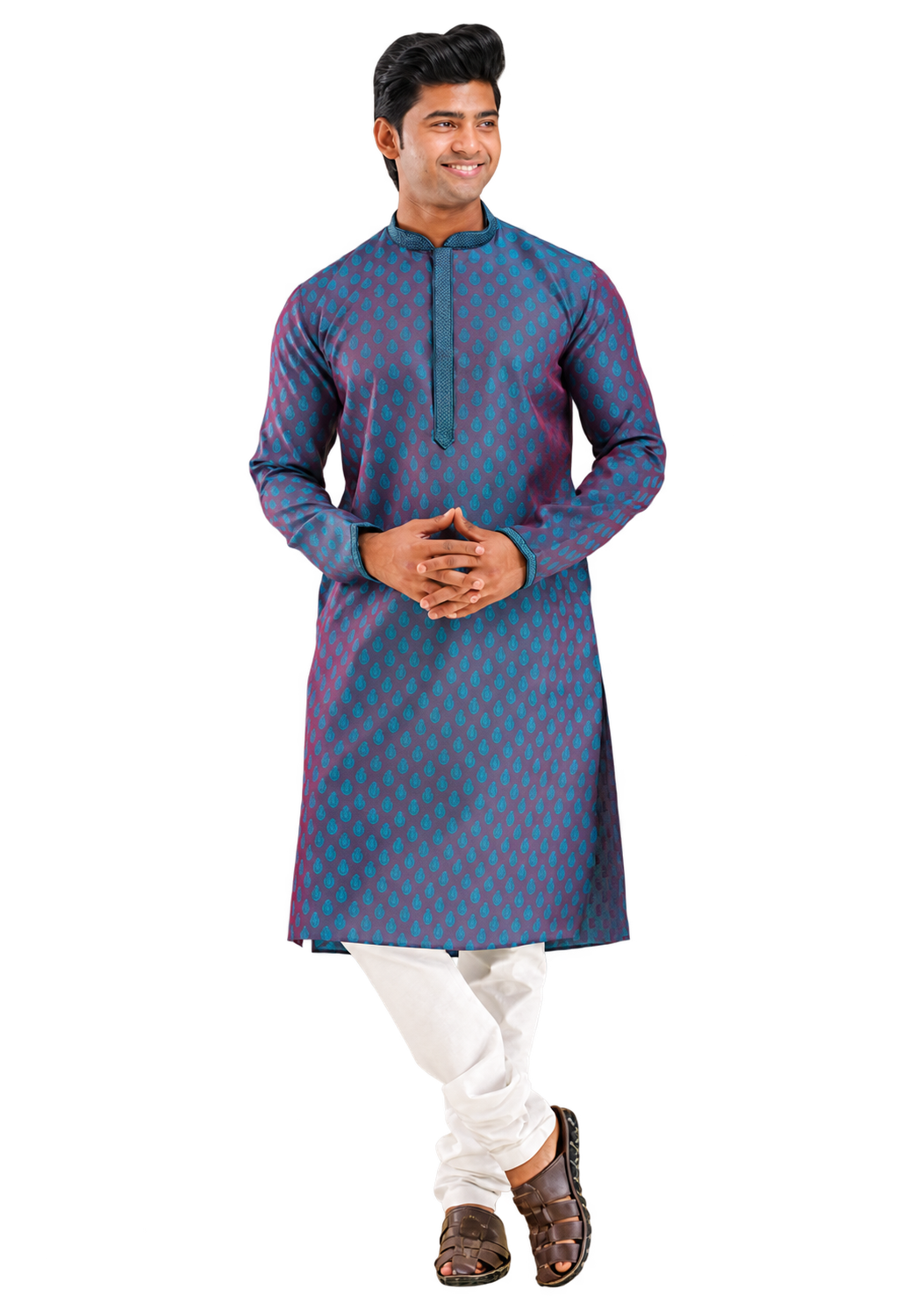 Model wearing blue and maroon kurta pajama